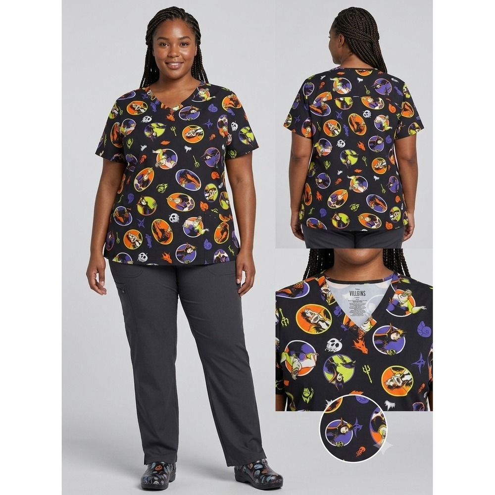 Women's NWOT Disney Villains Halloween V-Neck Polyester Scrub Top Size 3X